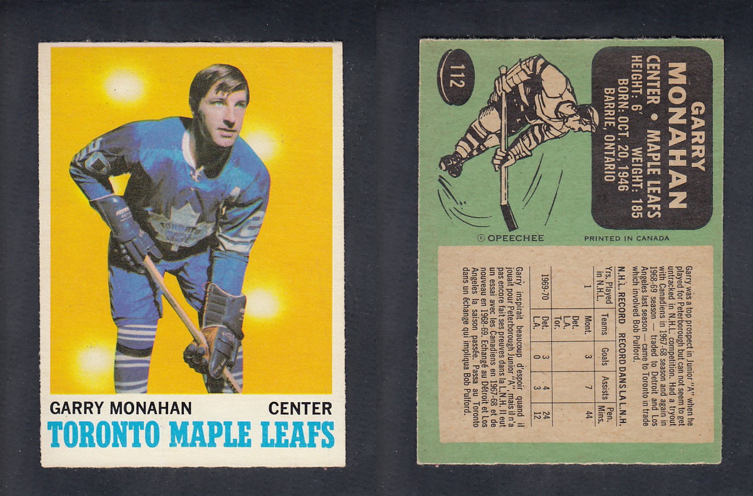 1970-71 O-PEE-CHEE HOCKEY CARD #112 G. MONAHAN photo 1970-71 O-PEE-CHEE HOCKEY CARD #112 G. MONAHAN photo