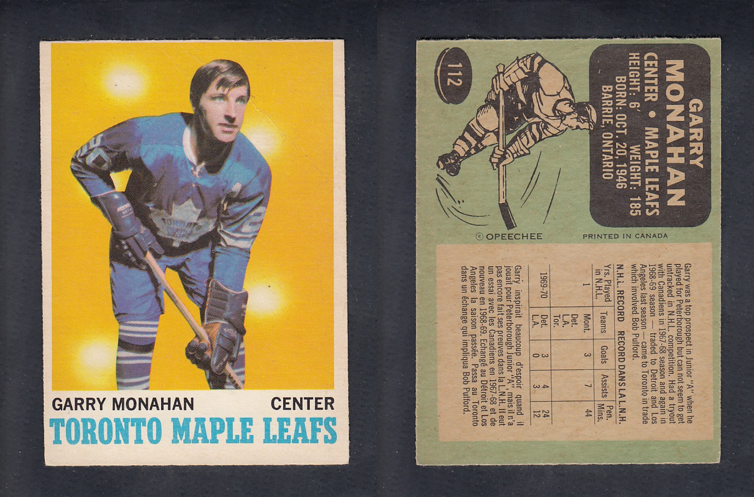 1970-71 O-PEE-CHEE HOCKEY CARD #112 G. MONAHAN photo 1970-71 O-PEE-CHEE HOCKEY CARD #112 G. MONAHAN photo