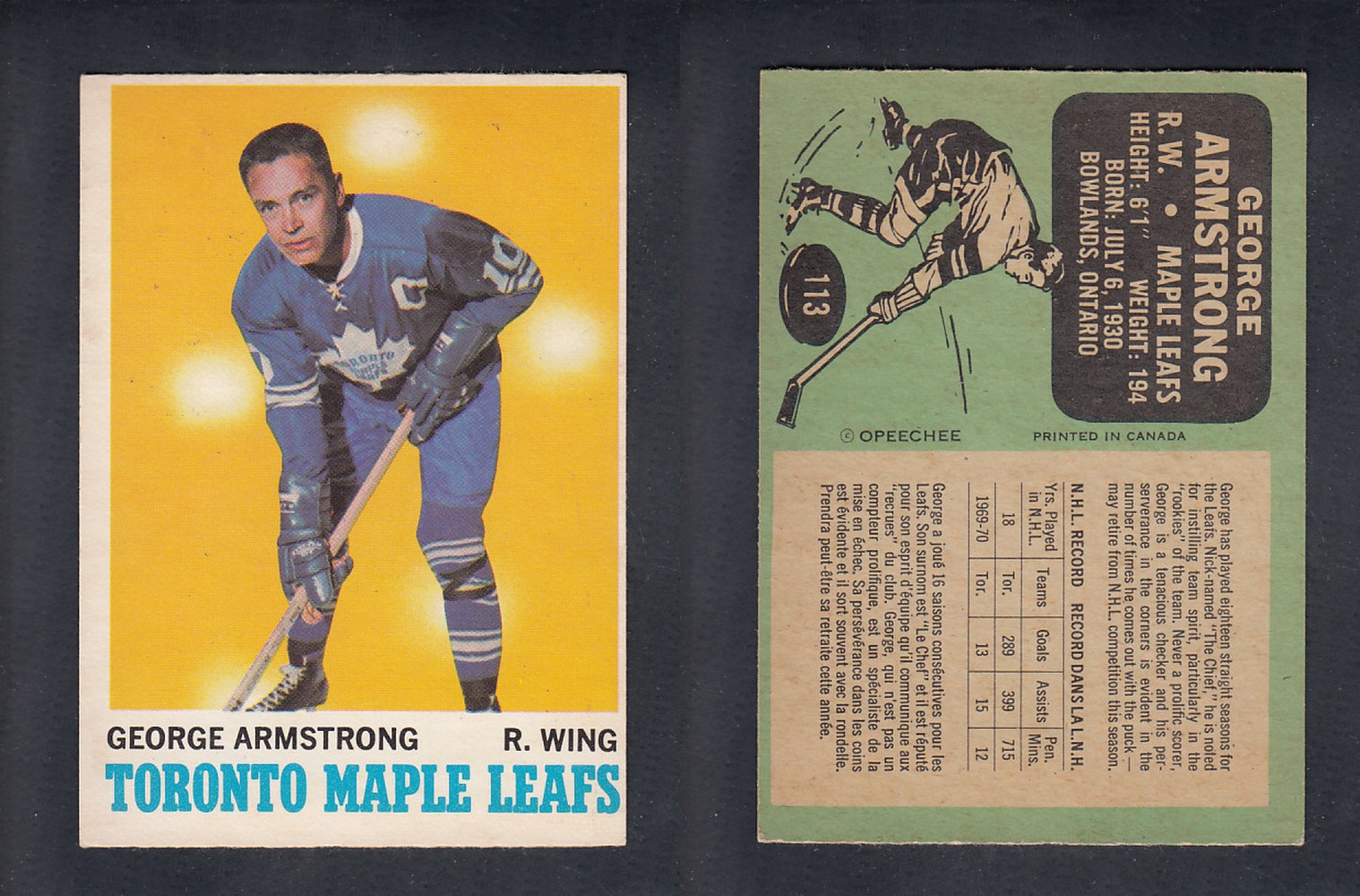 1970-71 O-PEE-CHEE HOCKEY CARD #113 G. AMRSTONG photo 1970-71 O-PEE-CHEE HOCKEY CARD #113 G. AMRSTONG photo