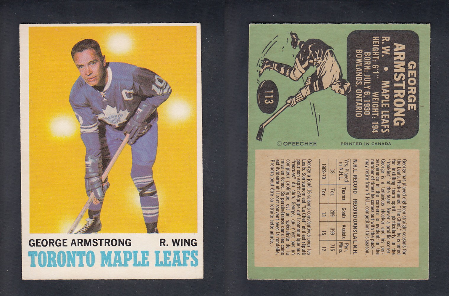 1970-71 O-PEE-CHEE HOCKEY CARD  #113  G. AMRSTONG photo