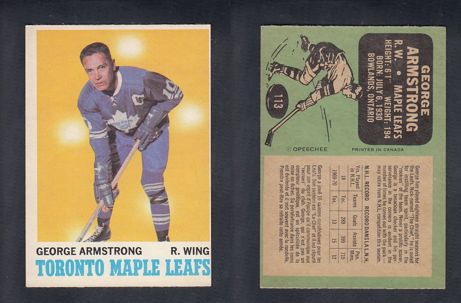 1970-71 O-PEE-CHEE HOCKEY CARD #113 G. AMRSTONG photo 1970-71 O-PEE-CHEE HOCKEY CARD #113 G. AMRSTONG photo