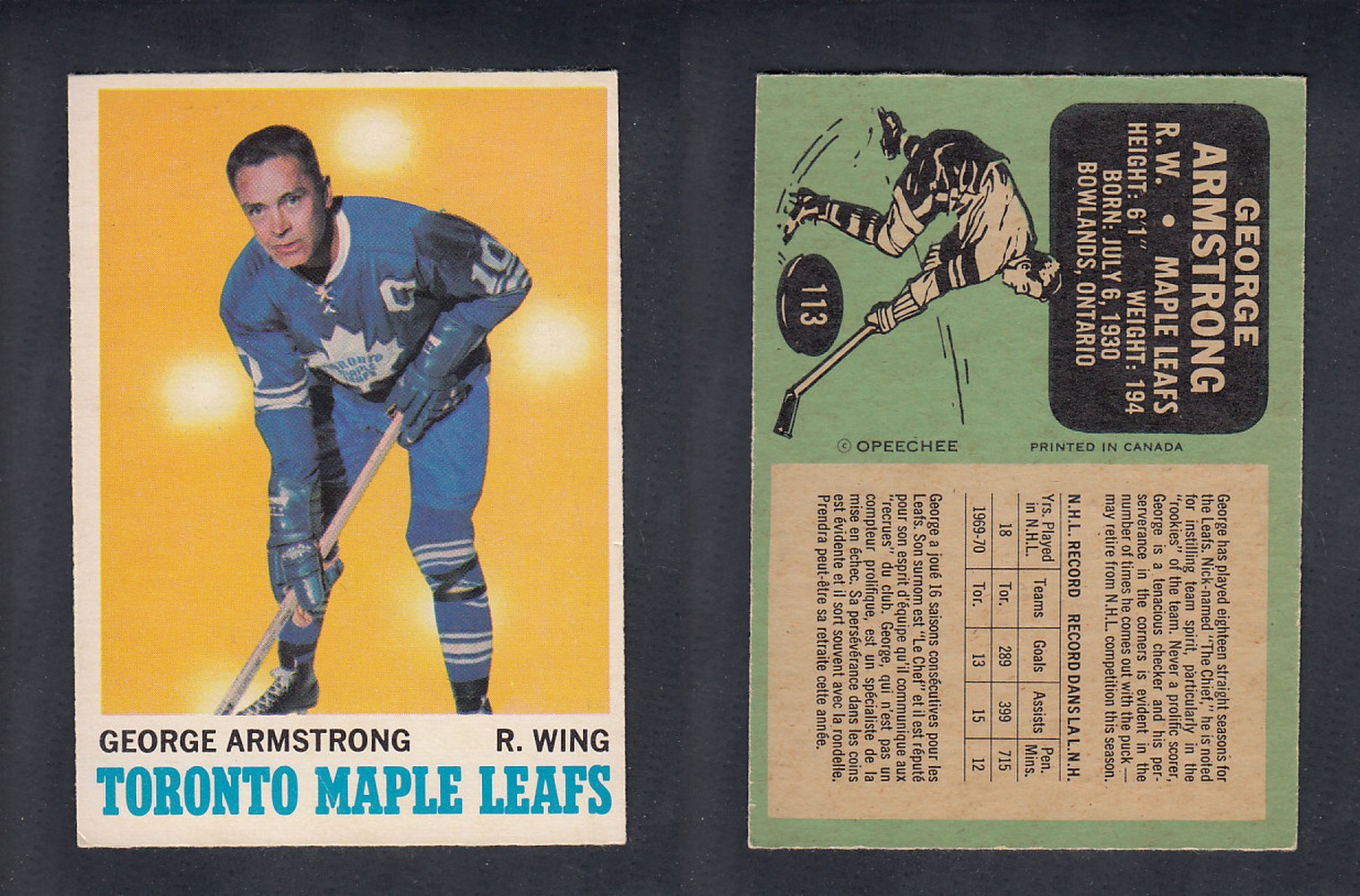 1970-71 O-PEE-CHEE HOCKEY CARD #113 G. AMRSTONG photo 1970-71 O-PEE-CHEE HOCKEY CARD #113 G. AMRSTONG photo