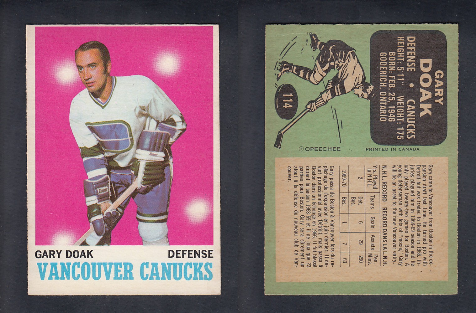 1970-71 O-PEE-CHEE HOCKEY CARD #114 G. DOAK photo 1970-71 O-PEE-CHEE HOCKEY CARD #114 G. DOAK photo