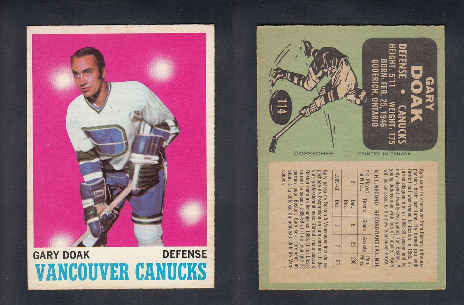 1970-71 O-PEE-CHEE HOCKEY CARD #114 G. DOAK photo 1970-71 O-PEE-CHEE HOCKEY CARD #114 G. DOAK photo