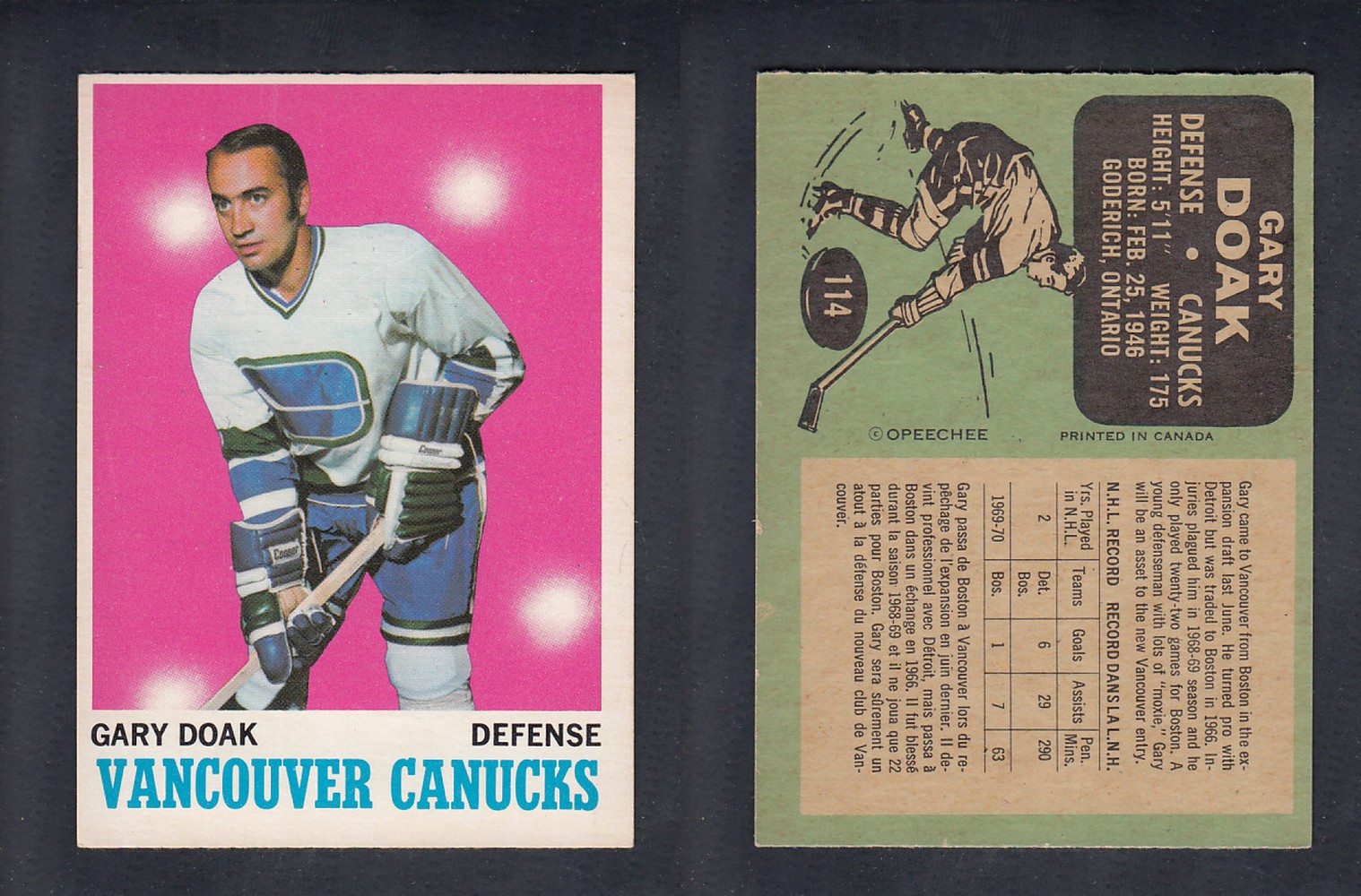 1970-71 O-PEE-CHEE HOCKEY CARD #114 G. DOAK photo 1970-71 O-PEE-CHEE HOCKEY CARD #114 G. DOAK photo