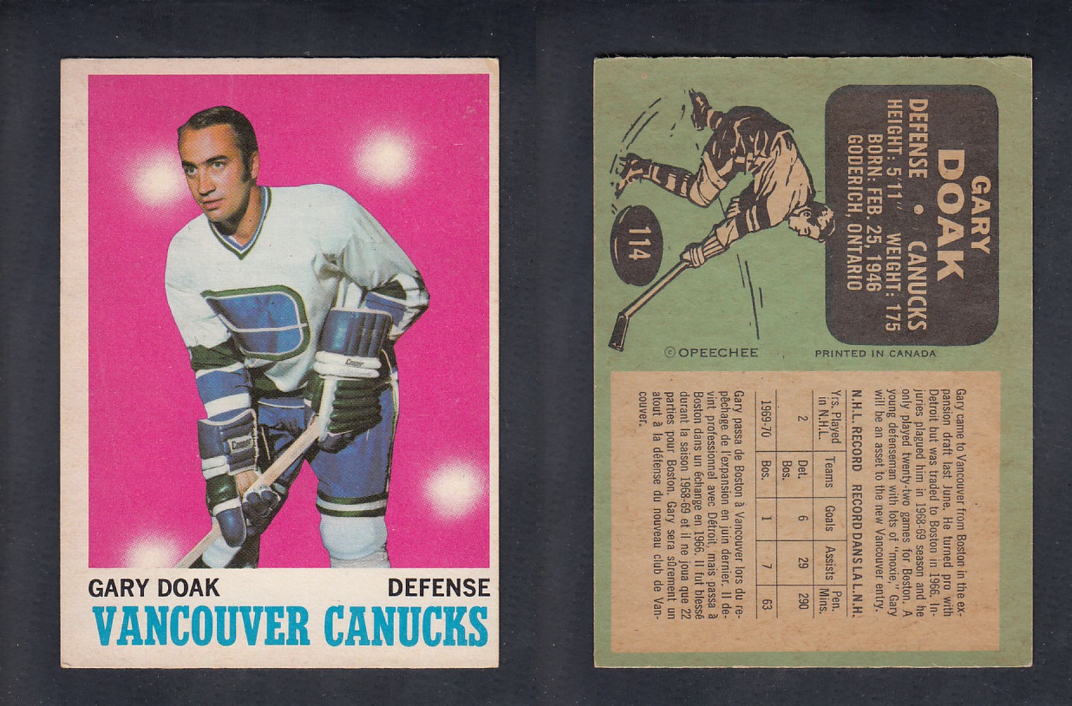 1970-71 O-PEE-CHEE HOCKEY CARD #114 G. DOAK photo 1970-71 O-PEE-CHEE HOCKEY CARD #114 G. DOAK photo
