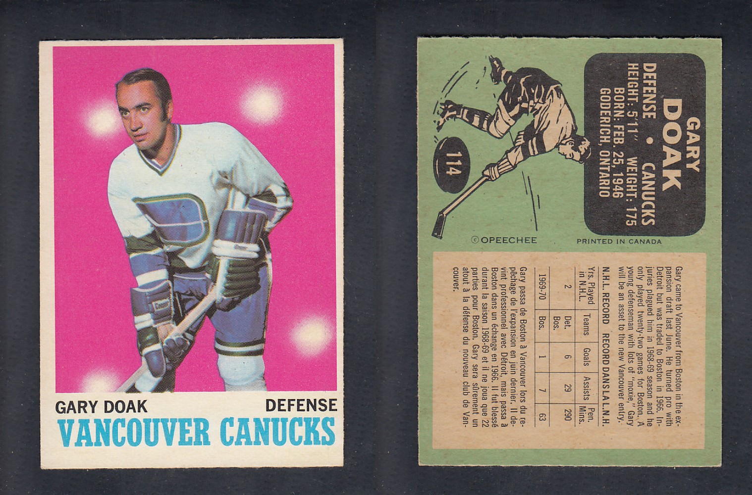 1970-71 O-PEE-CHEE HOCKEY CARD #114 G.DOAK photo 1970-71 O-PEE-CHEE HOCKEY CARD #114 G.DOAK photo