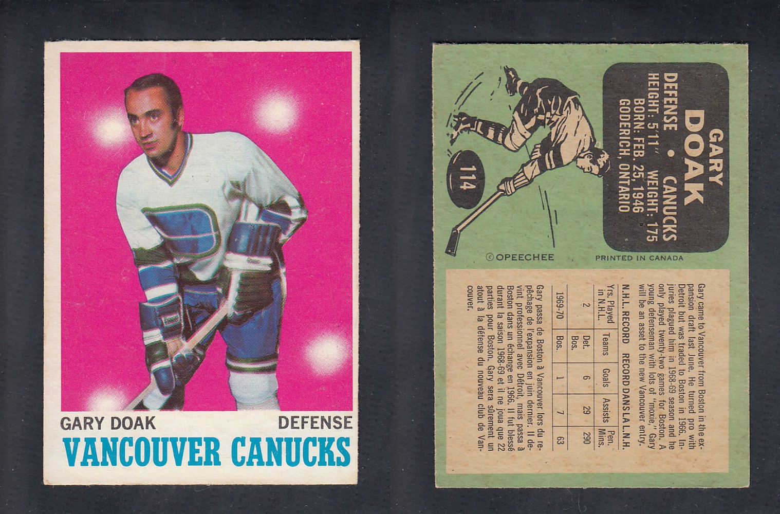 1970-71 O-PEE-CHEE HOCKEY CARD #114 G. DOAK photo 1970-71 O-PEE-CHEE HOCKEY CARD #114 G. DOAK photo