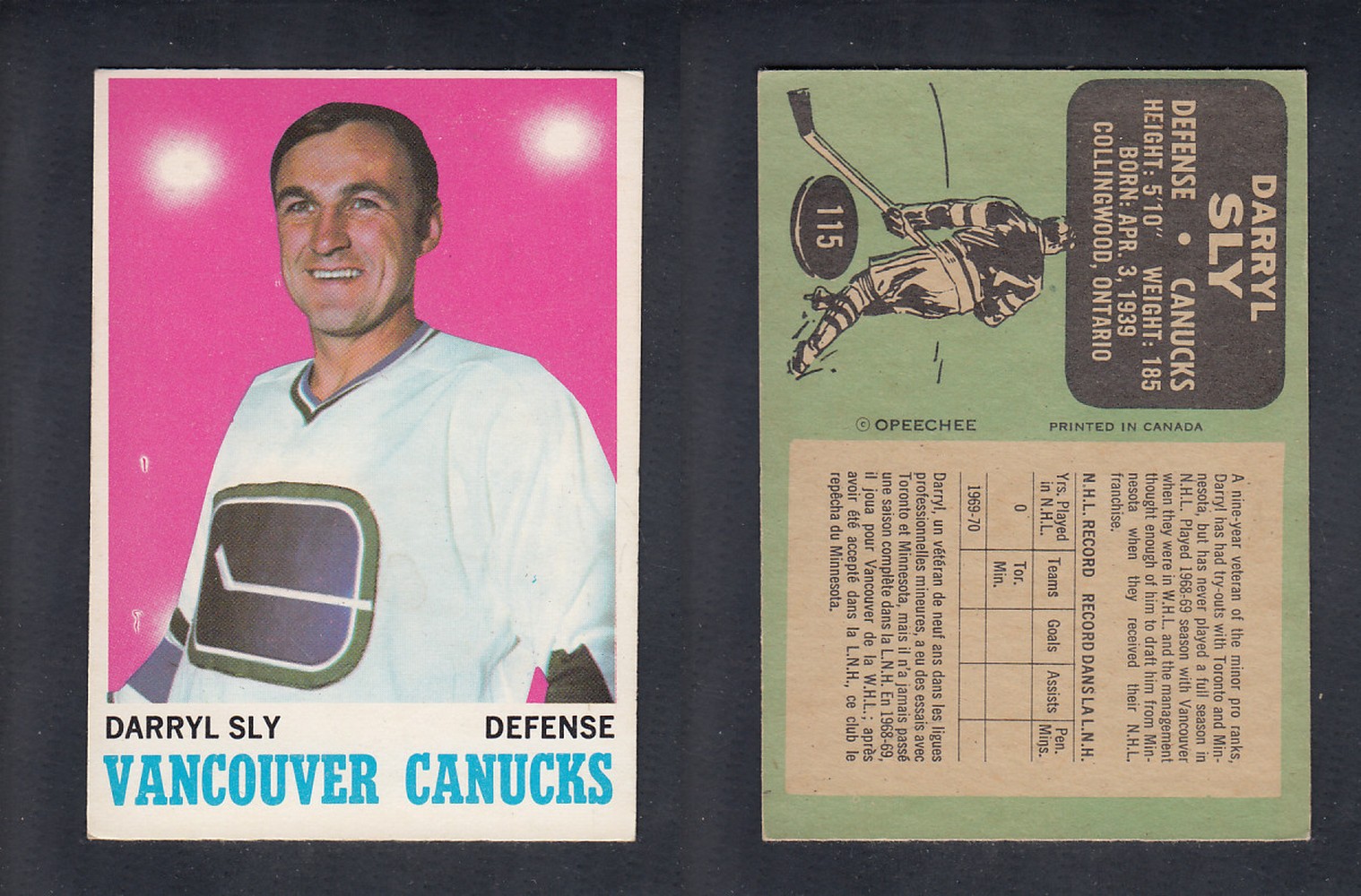 1970-71 O-PEE-CHEE HOCKEY CARD #115 D. SLY photo 1970-71 O-PEE-CHEE HOCKEY CARD #115 D. SLY photo