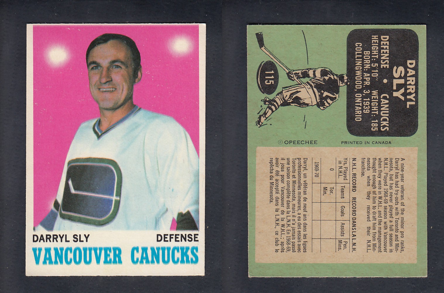 1970-71 O-PEE-CHEE HOCKEY CARD #115 D. SLY photo 1970-71 O-PEE-CHEE HOCKEY CARD #115 D. SLY photo