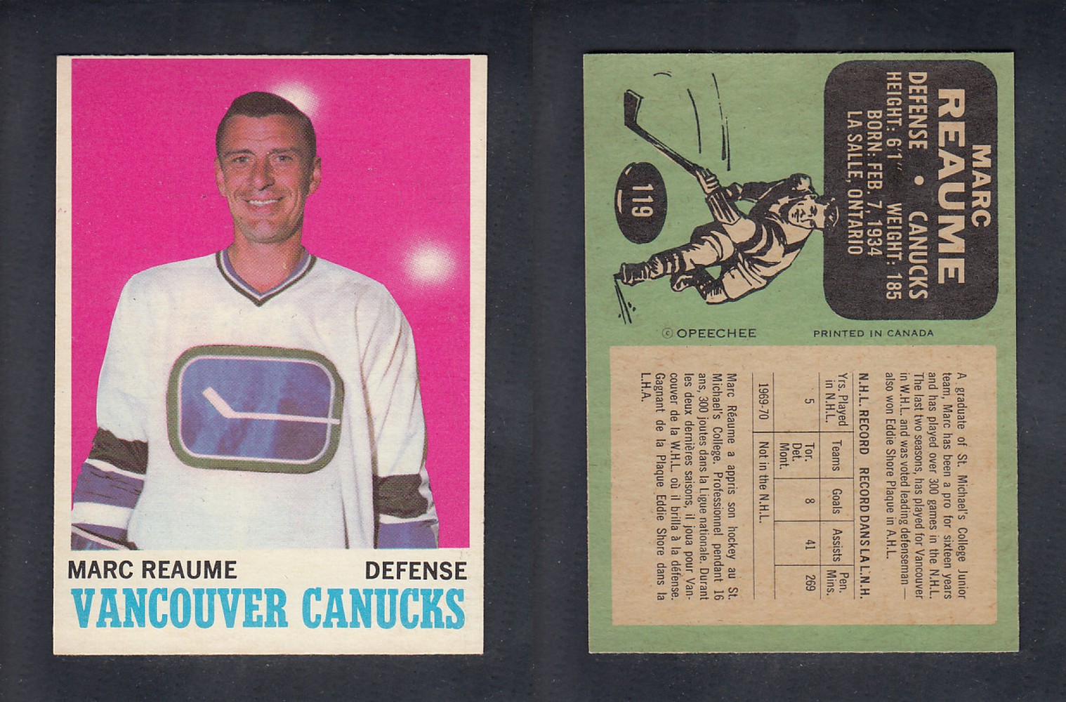 1970-71 O-PEE-CHEE HOCKEY CARD #119 M. REAUME photo 1970-71 O-PEE-CHEE HOCKEY CARD #119 M. REAUME photo