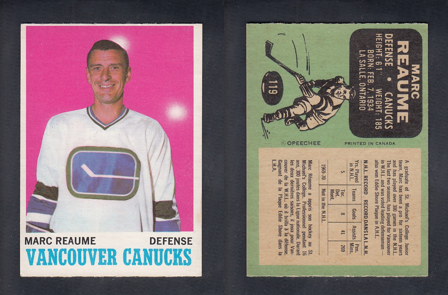 1970-71 O-PEE-CHEE HOCKEY CARD #119 M. REAUME photo 1970-71 O-PEE-CHEE HOCKEY CARD #119 M. REAUME photo