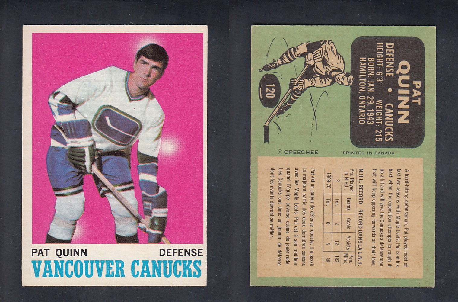1970-71 O-PEE-CHEE HOCKEY CARD #120 P. QUINN photo 1970-71 O-PEE-CHEE HOCKEY CARD #120 P. QUINN photo