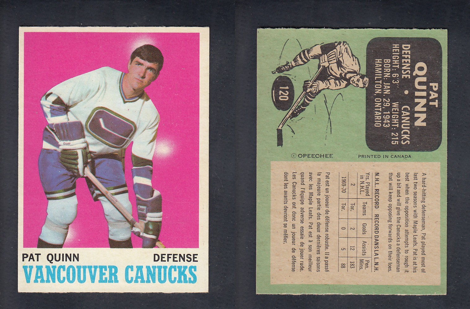 1970-71 O-PEE-CHEE HOCKEY CARD #120 P. QUINN photo 1970-71 O-PEE-CHEE HOCKEY CARD #120 P. QUINN photo