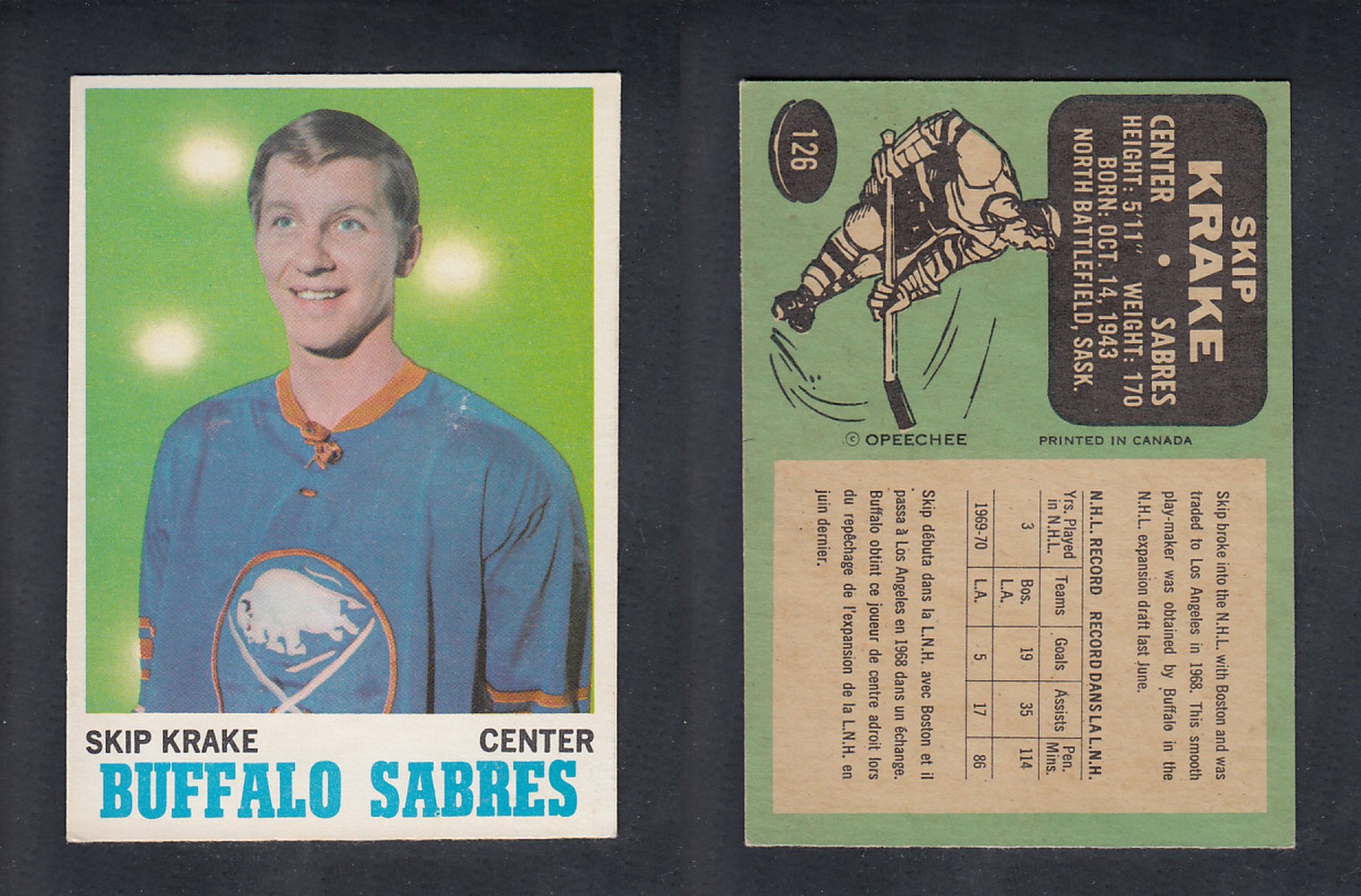 1970-71 O-PEE-CHEE HOCKEY CARD #126 S. KRAKE photo 1970-71 O-PEE-CHEE HOCKEY CARD #126 S. KRAKE photo