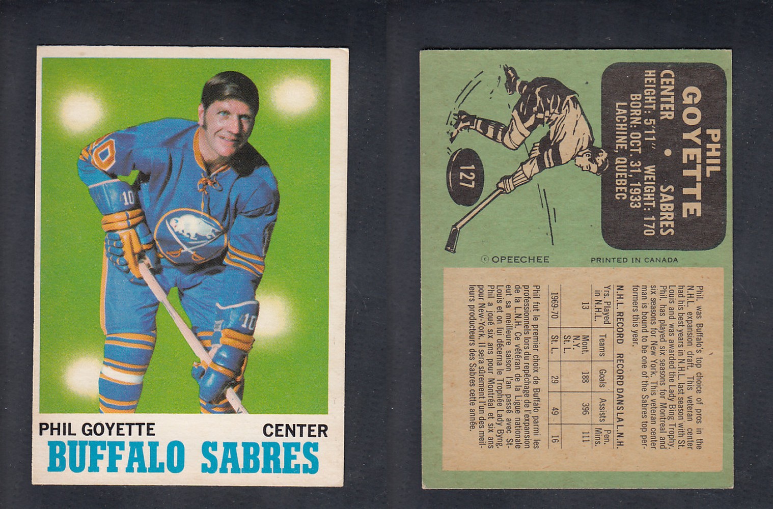 1970-71 O-PEE-CHEE HOCKEY CARD #127 P. GOYETTE photo 1970-71 O-PEE-CHEE HOCKEY CARD #127 P. GOYETTE photo