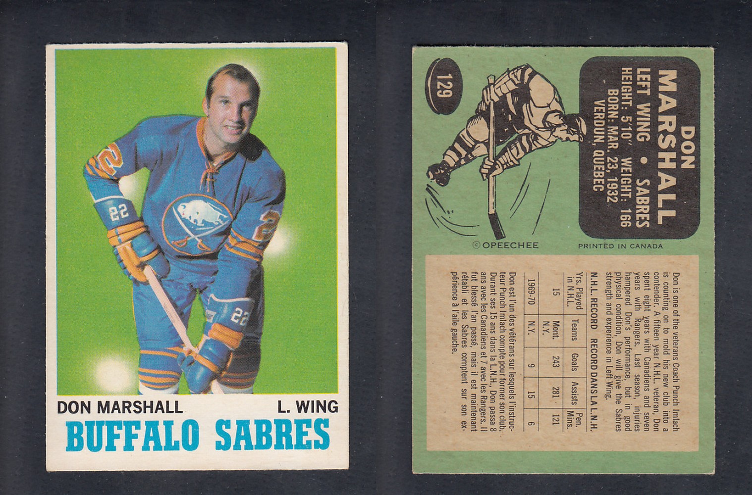 1970-71 O-PEE-CHEE HOCKEY CARD #129 D. MARSHALL photo 1970-71 O-PEE-CHEE HOCKEY CARD #129 D. MARSHALL photo
