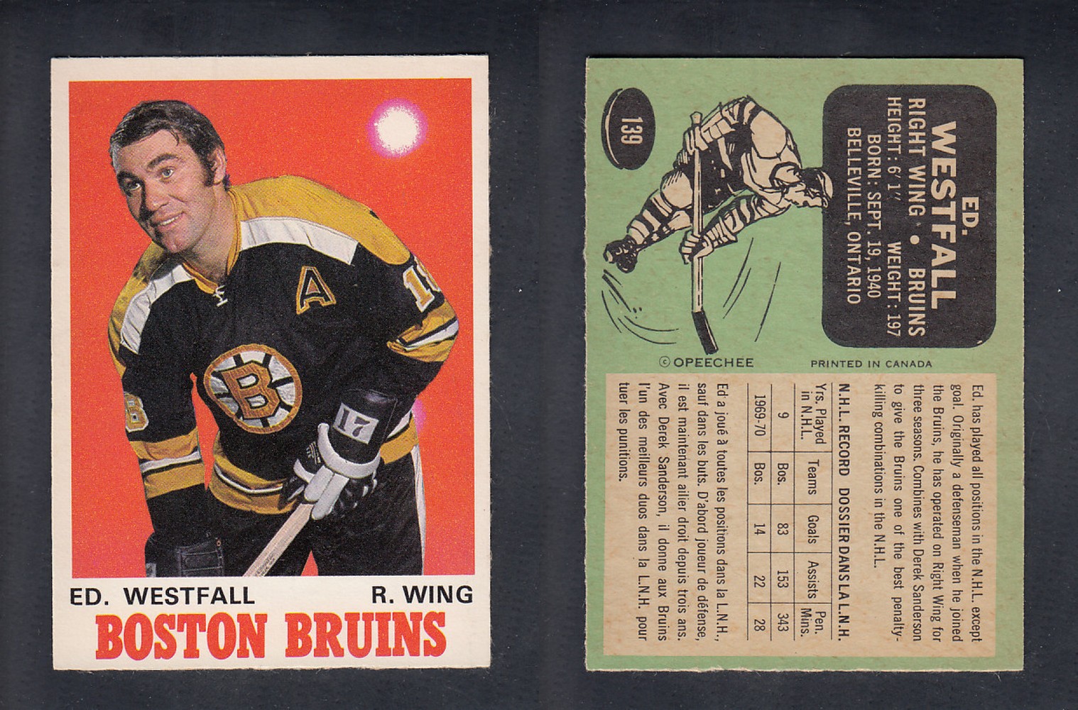 1970-71 O-PEE-CHEE HOCKEY CARD  #139  E. WESTFALL photo