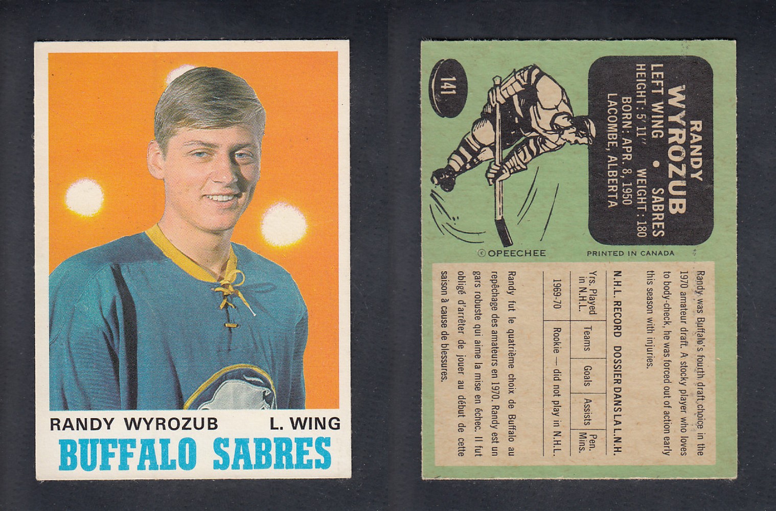 1970-71 O-PEE-CHEE HOCKEY CARD #141 R. WYROZUB photo 1970-71 O-PEE-CHEE HOCKEY CARD #141 R. WYROZUB photo