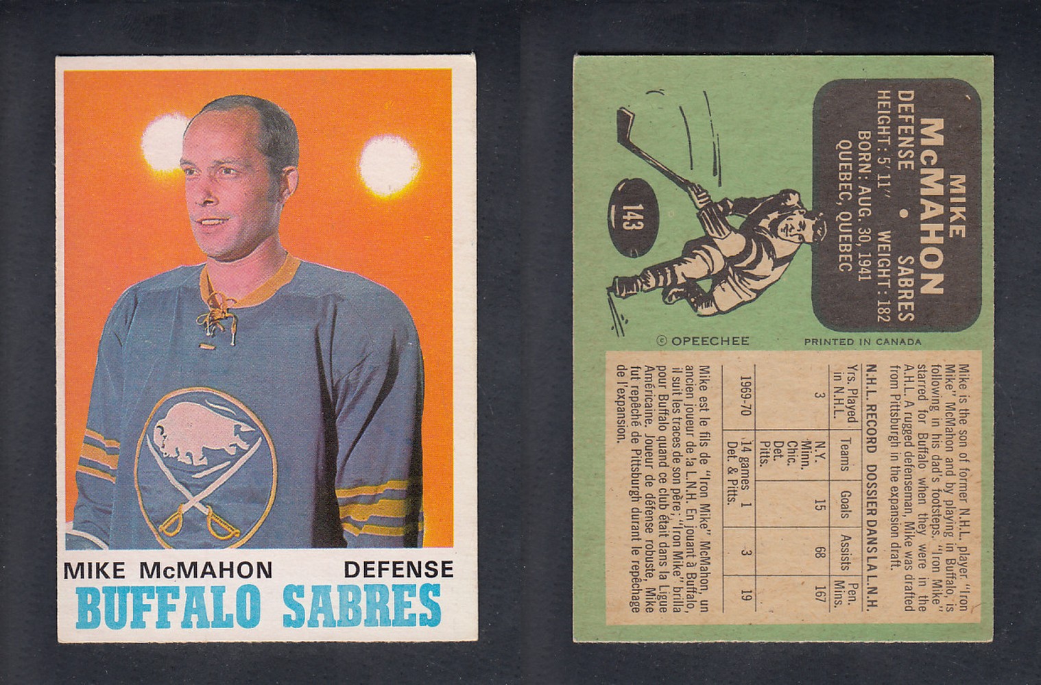 1970-71 O-PEE-CHEE HOCKEY CARD #143 M. McMAHON photo 1970-71 O-PEE-CHEE HOCKEY CARD #143 M. McMAHON photo