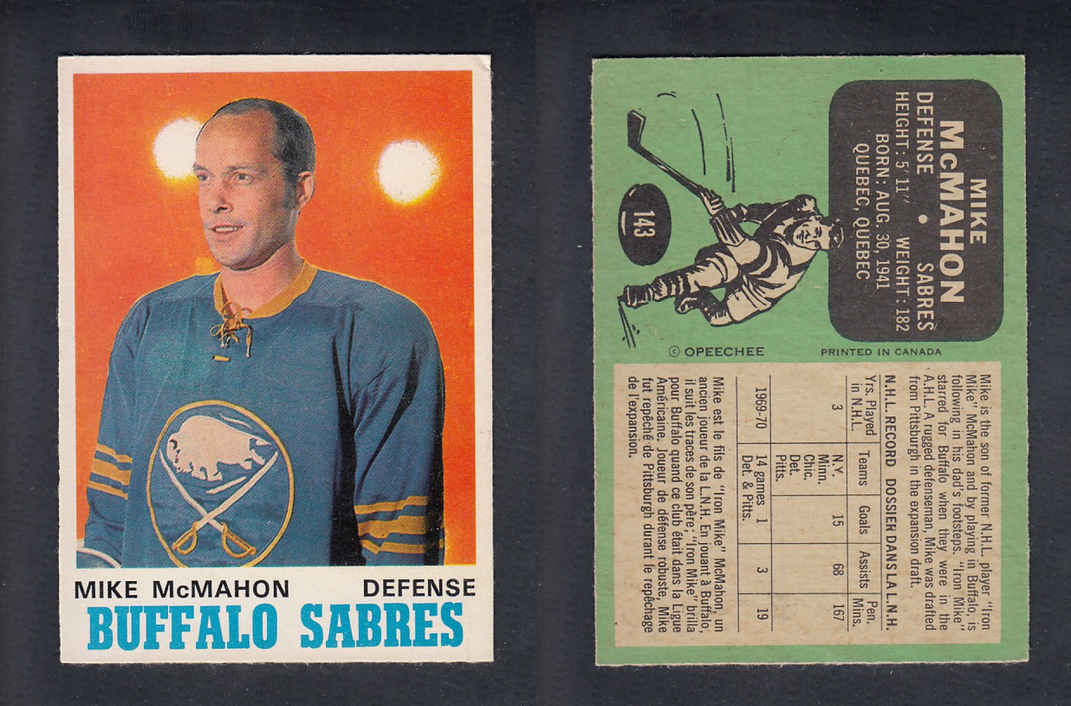 1970-71 O-PEE-CHEE HOCKEY CARD #143 M. McMAHON photo 1970-71 O-PEE-CHEE HOCKEY CARD #143 M. McMAHON photo