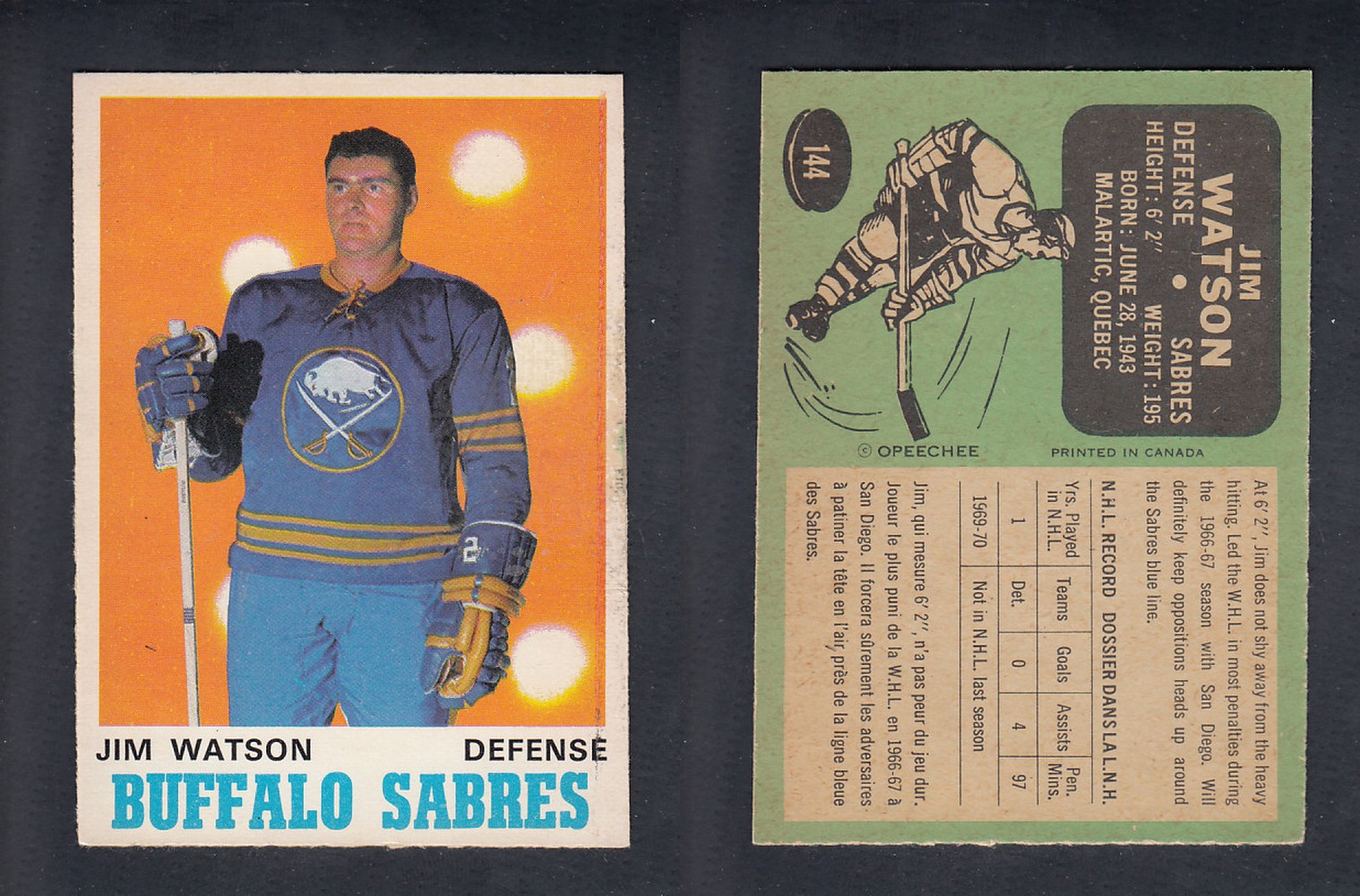 1970-71 O-PEE-CHEE HOCKEY CARD #144 J. WATSON photo 1970-71 O-PEE-CHEE HOCKEY CARD #144 J. WATSON photo