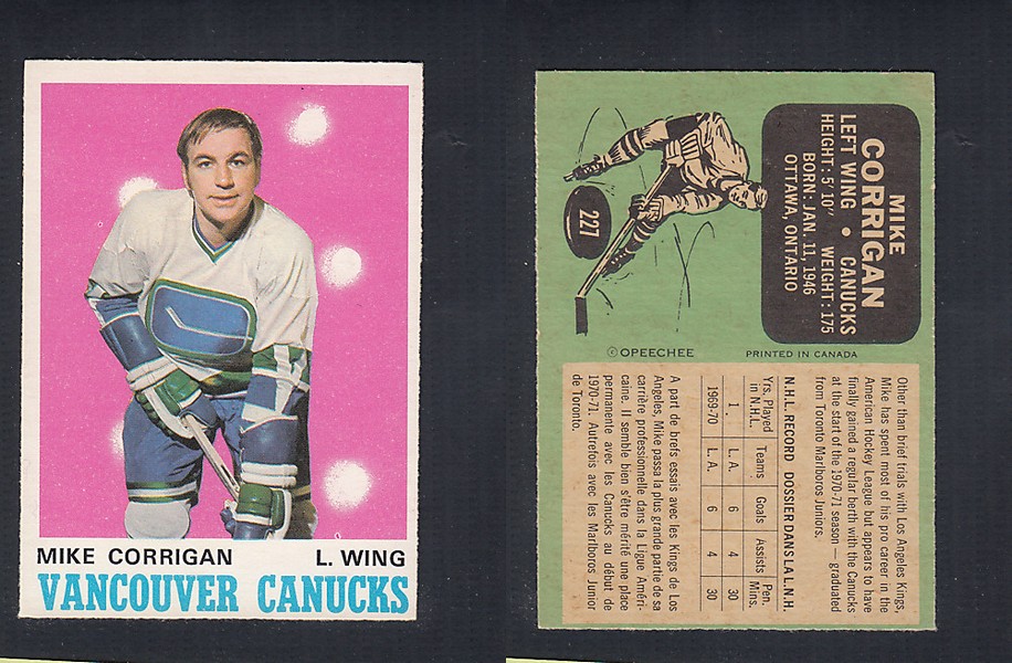 1970-71 O-PEE-CHEE HOCKEY CARD  #227 M. CORRIGAN photo