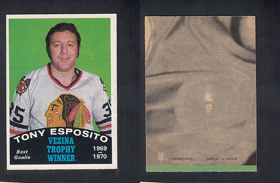 1970-71 O-PEE-CHEE HOCKEY CARD  #250 VEZINA TROPHY AWARD WINNER: TONY ESPOSITO photo
