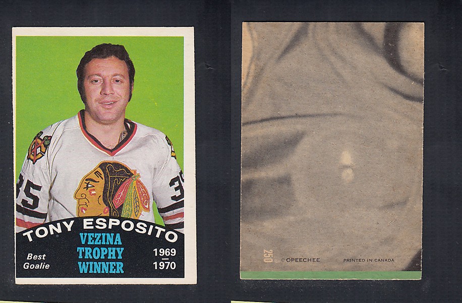 1970-71 O-PEE-CHEE HOCKEY CARD  #250 VEZINA TROPHY AWARD WINNER: TONY ESPOSITO photo
