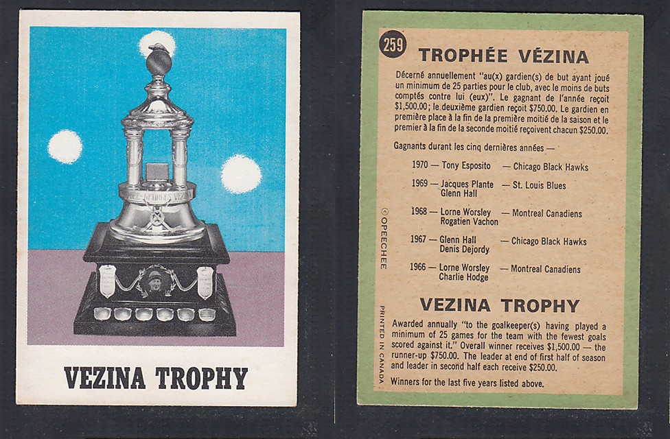 1970-71 O-PEE-CHEE HOCKEY CARD  #259 THE VEZINA TROPHY photo