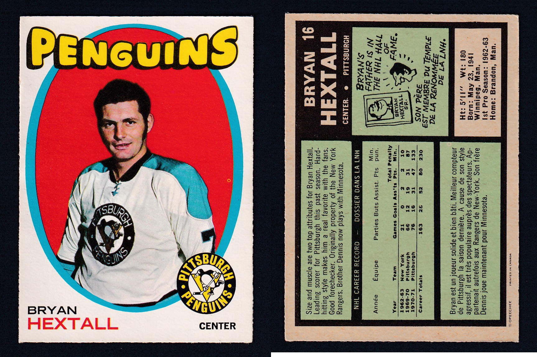 1971-72 O-PEE-CHEE HOCKEY CARD #16 B. HEXTALL photo 1971-72 O-PEE-CHEE HOCKEY CARD #16 B. HEXTALL photo