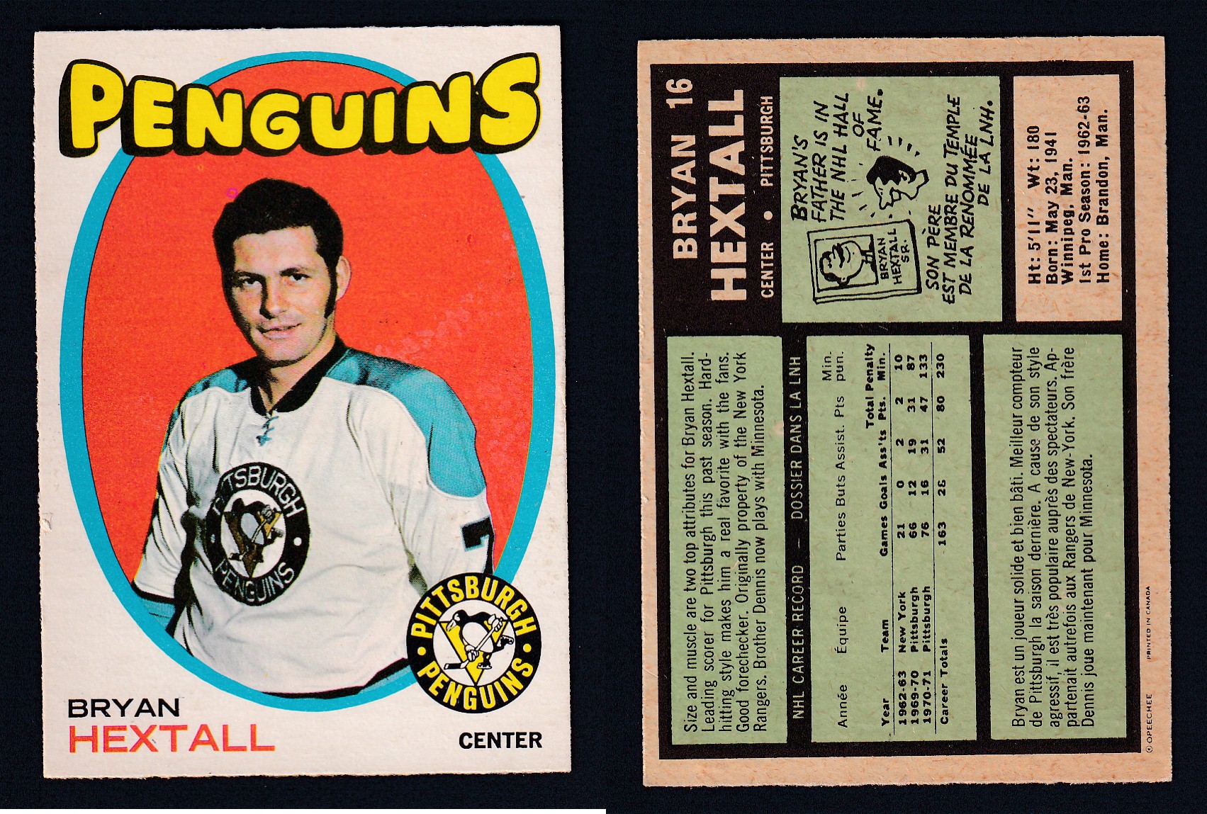 1971-72 O-PEE-CHEE HOCKEY CARD #16 B. HEXTALL photo 1971-72 O-PEE-CHEE HOCKEY CARD #16 B. HEXTALL photo