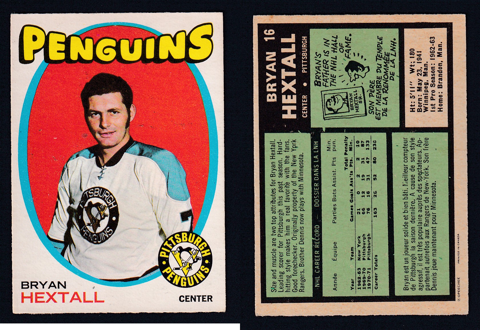 1971-72 O-PEE-CHEE HOCKEY CARD #16 B. HEXTALL photo 1971-72 O-PEE-CHEE HOCKEY CARD #16 B. HEXTALL photo
