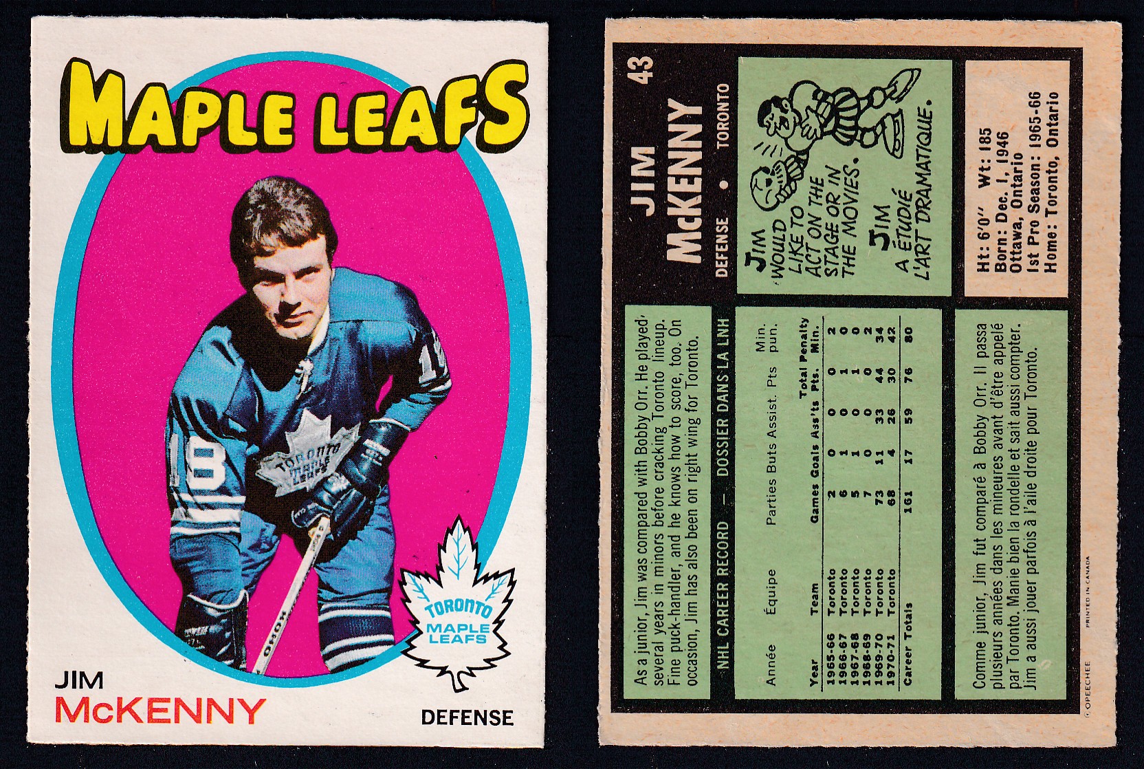 1971-72 O-PEE-CHEE HOCKEY CARD #43 J. McKENNY photo 1971-72 O-PEE-CHEE HOCKEY CARD #43 J. McKENNY photo