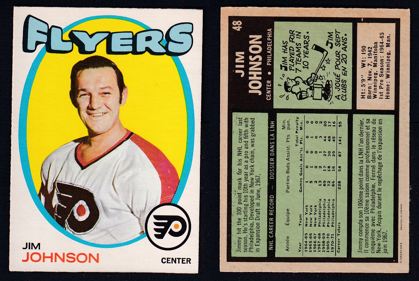 1971-72 O-PEE-CHEE HOCKEY CARD #48 J. JOHNSON photo 1971-72 O-PEE-CHEE HOCKEY CARD #48 J. JOHNSON photo