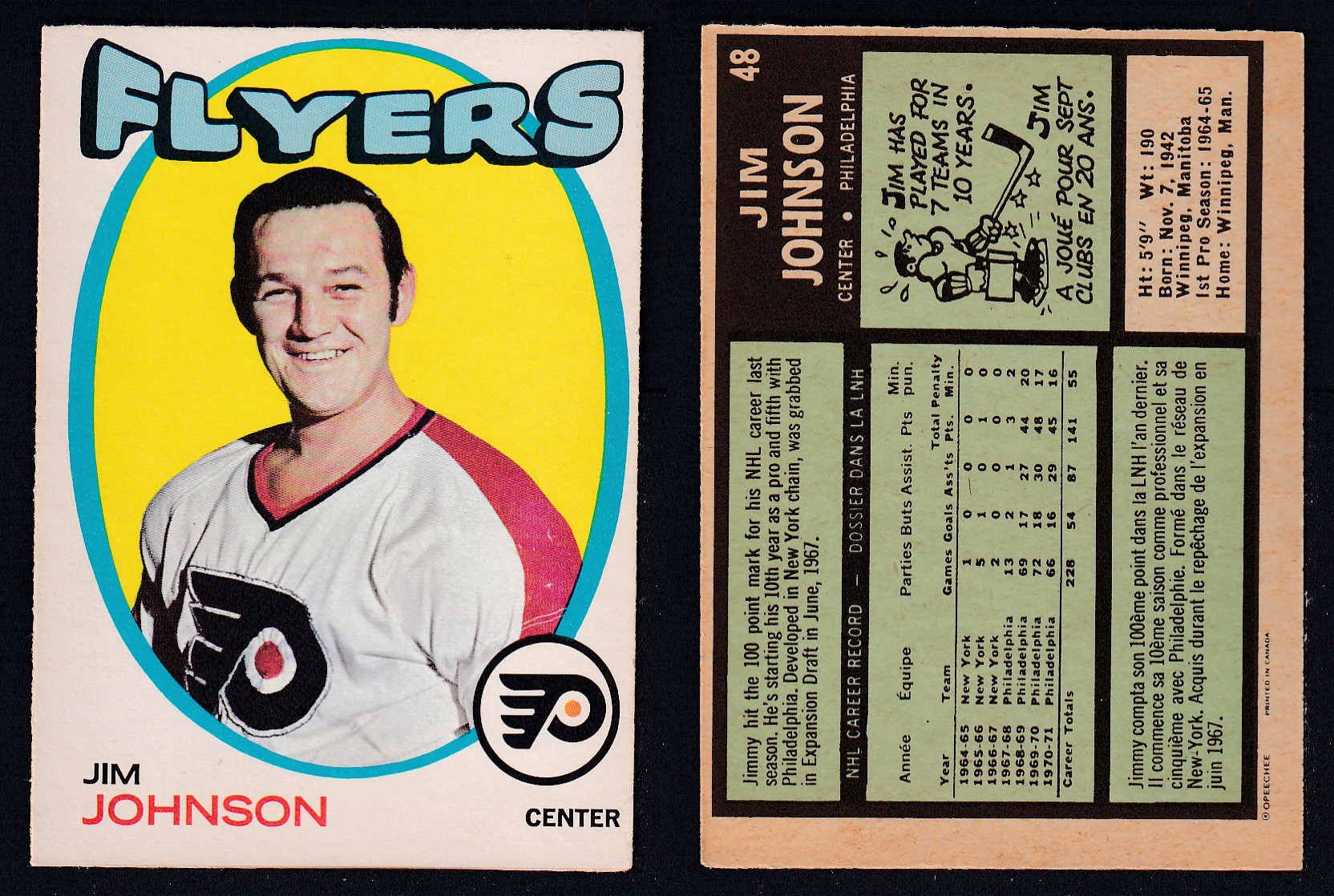 1971-72 O-PEE-CHEE HOCKEY CARD #48 J. JOHNSON photo 1971-72 O-PEE-CHEE HOCKEY CARD #48 J. JOHNSON photo