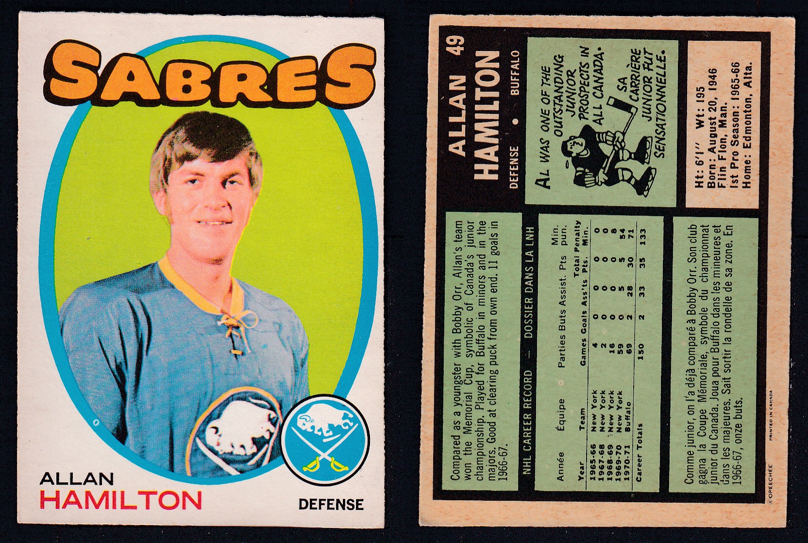 1971-72 O-PEE-CHEE HOCKEY CARD #49 A. HAMILTON photo 1971-72 O-PEE-CHEE HOCKEY CARD #49 A. HAMILTON photo