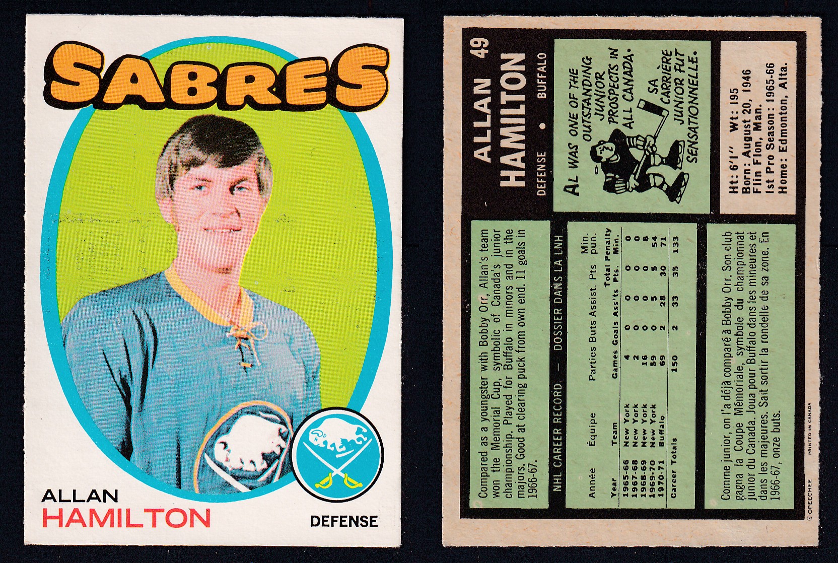 1971-72 O-PEE-CHEE HOCKEY CARD #49 A. HAMILTON photo 1971-72 O-PEE-CHEE HOCKEY CARD #49 A. HAMILTON photo