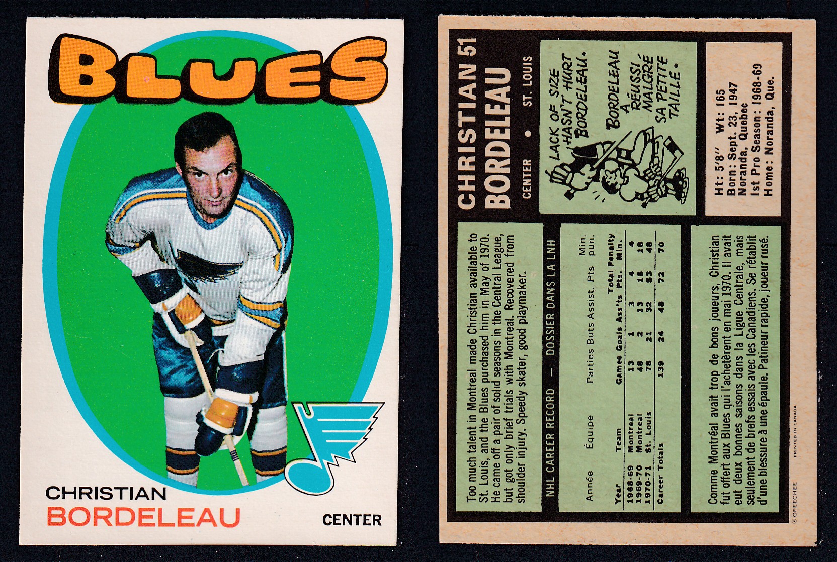 1971-72 O-PEE-CHEE HOCKEY CARD #51 C. BORDELEAU photo 1971-72 O-PEE-CHEE HOCKEY CARD #51 C. BORDELEAU photo