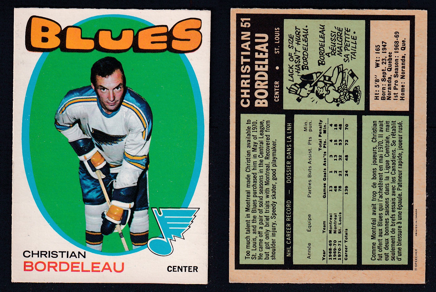 1971-72 O-PEE-CHEE HOCKEY CARD #51 C. BORDELEAU photo 1971-72 O-PEE-CHEE HOCKEY CARD #51 C. BORDELEAU photo