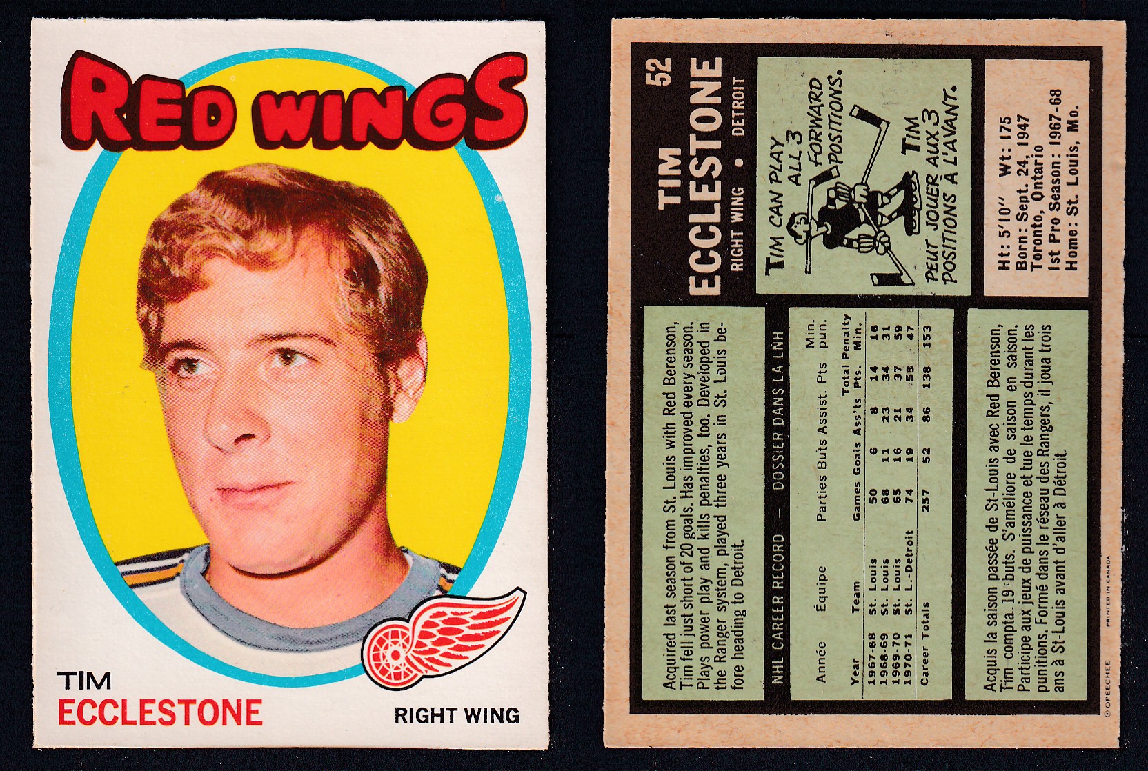 1971-72 O-PEE-CHEE HOCKEY CARD #52 T. ECCLESTONE photo 1971-72 O-PEE-CHEE HOCKEY CARD #52 T. ECCLESTONE photo