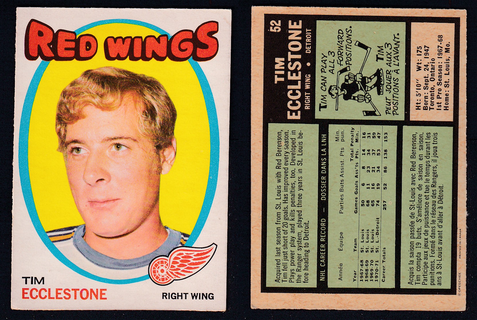 1971-72 O-PEE-CHEE HOCKEY CARD #52 T. ECCLESTONE photo 1971-72 O-PEE-CHEE HOCKEY CARD #52 T. ECCLESTONE photo