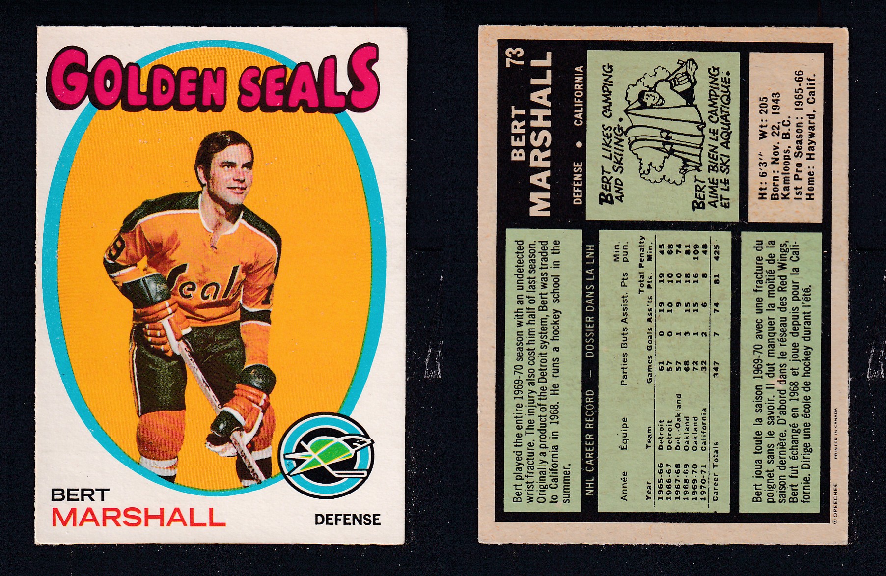 1971-72 O-PEE-CHEE HOCKEY CARD #73 B. MARSHALL photo