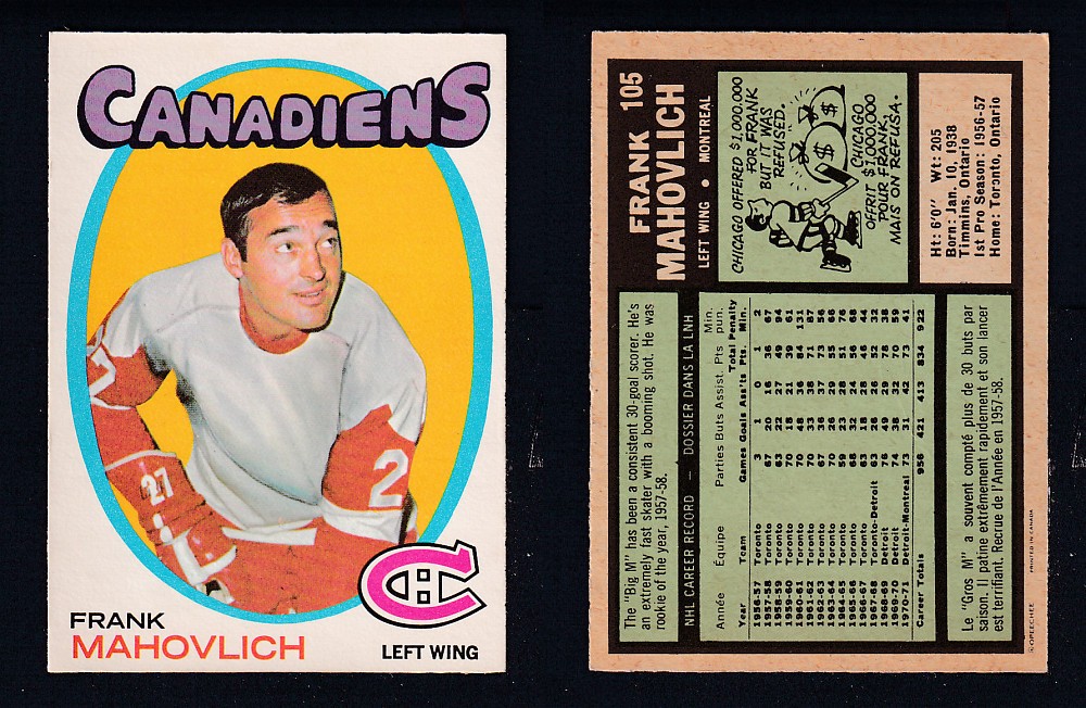 1971-72 O-PEE-CHEE HOCKEY CARD #105 F. MAHOVLICH photo 1971-72 O-PEE-CHEE HOCKEY CARD #105 F. MAHOVLICH photo