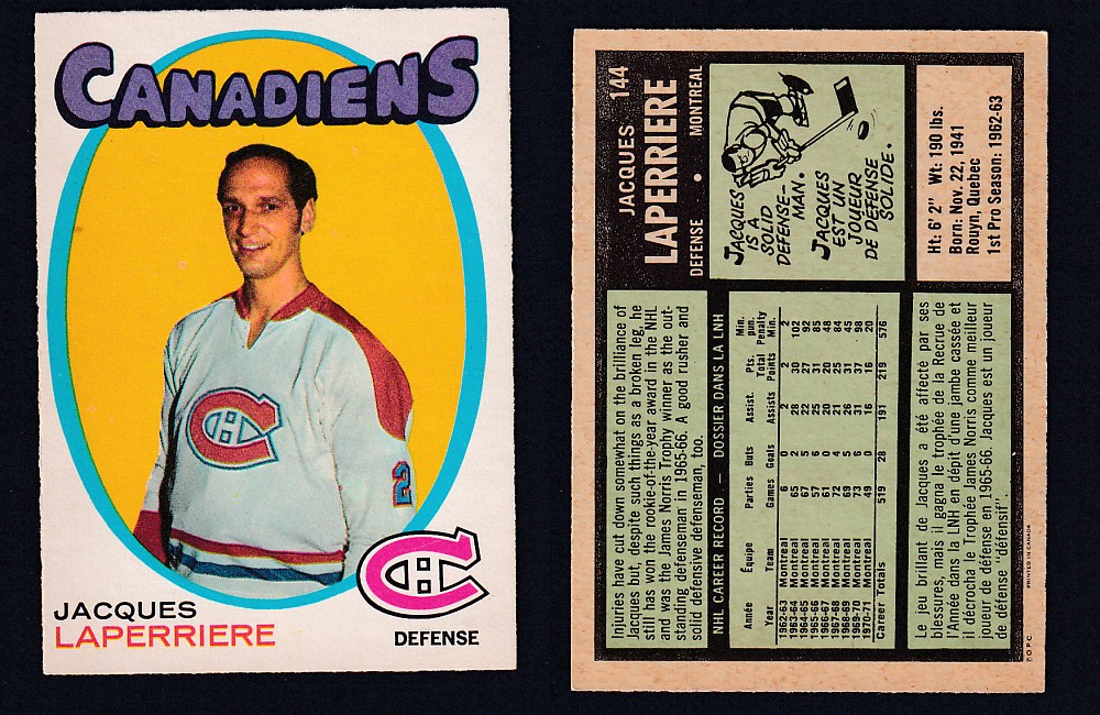 1971-72 O-PEE-CHEE HOCKEY CARD #144 J.LAPERRIERE photo 1971-72 O-PEE-CHEE HOCKEY CARD #144 J.LAPERRIERE photo