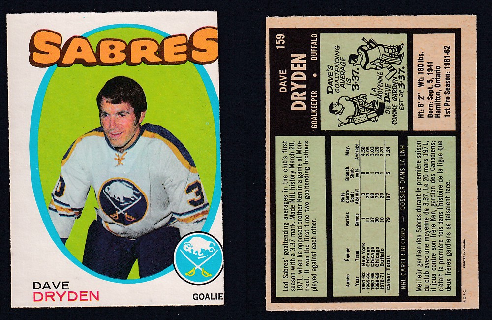 1971-72 O-PEE-CHEE HOCKEY CARD #159 D. DRYDEN photo 1971-72 O-PEE-CHEE HOCKEY CARD #159 D. DRYDEN photo