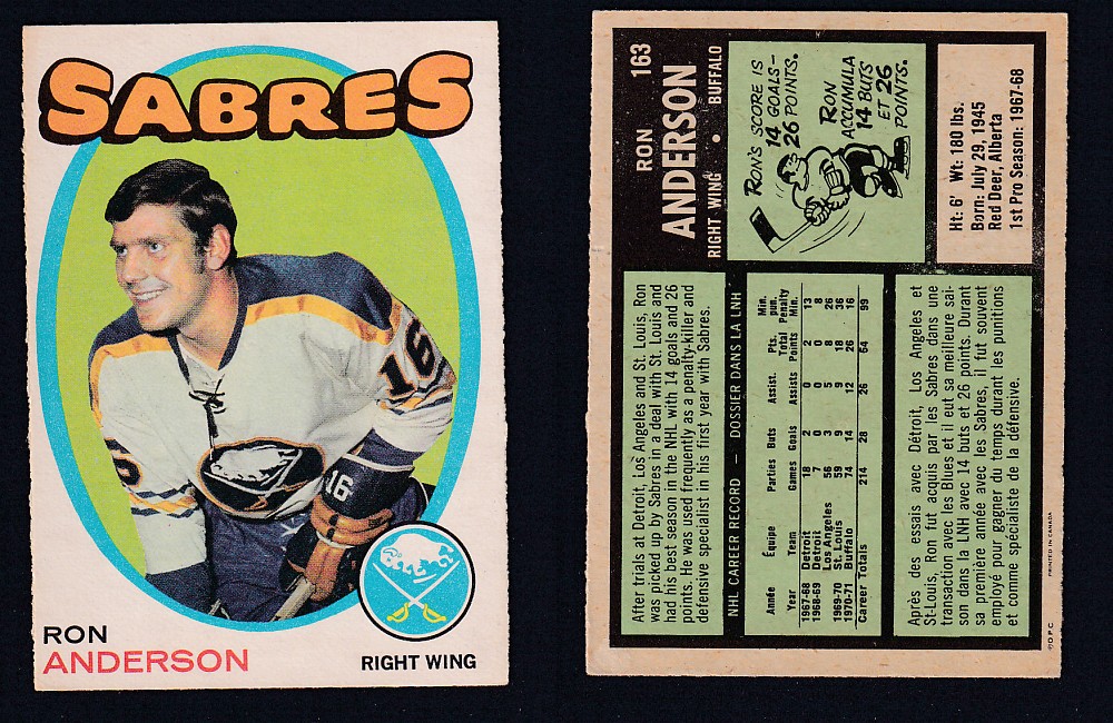 1971-72 O-PEE-CHEE HOCKEY CARD #163 R. ANDERSON photo 1971-72 O-PEE-CHEE HOCKEY CARD #163 R. ANDERSON photo