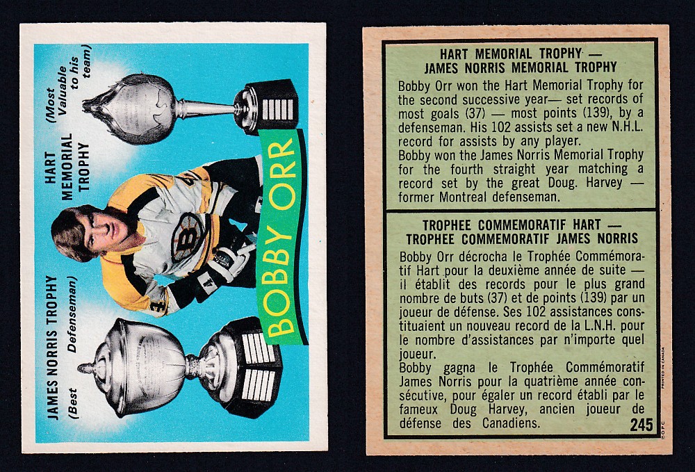 1971-72 O-PEE-CHEE HOCKEY CARD #245 JAMES NORRIS/HART MEMORIAL TROPHY AWARD: BOBBY ORR photo