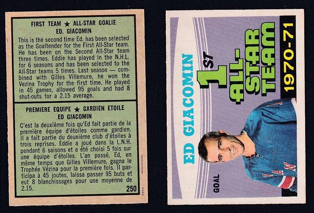 1971-72 O-PEE-CHEE HOCKEY CARD #250 FIRST TEAM ALL STAR: E. GIACOMIN photo 1971-72 O-PEE-CHEE HOCKEY CARD #250 FIRST TEAM ALL STAR: E. GIACOMIN photo