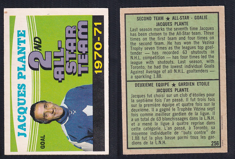 1971-72 O-PEE-CHEE HOCKEY CARD #256 SECOND TEAM ALL STAR: J. PLANTE photo 1971-72 O-PEE-CHEE HOCKEY CARD #256 SECOND TEAM ALL STAR: J. PLANTE photo